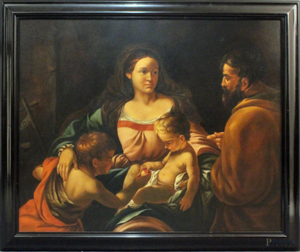 Sacra Famiglia con San Giovannino, olio su tela, cm. 112x137, entro cornice.
