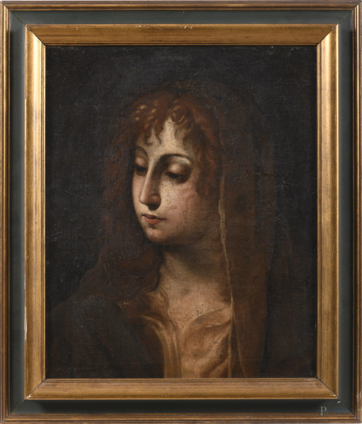 Volto di donna, XIX secolo, olio su tela, cm 52x43, entro cornice, (segni di usura, abrasioni, craquelure, sollevamenti di colore)