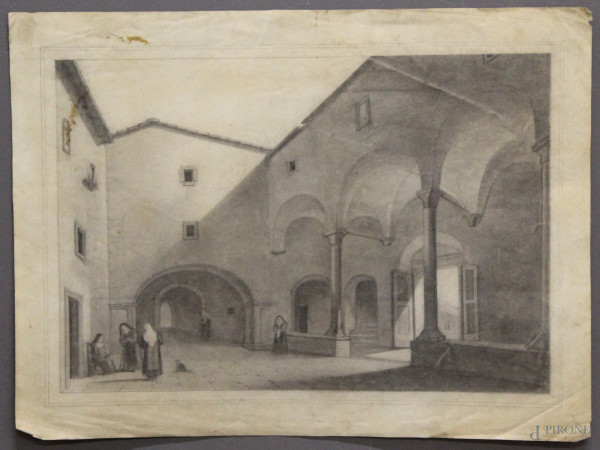 Interno di convento con monache, disegno su carta, 31x42 cm, XIX sec.