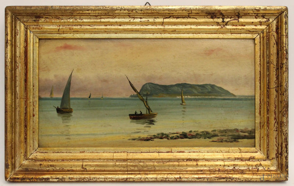 Marina con barche, olio su tavola, cm 22 x 44, entro cornice.
