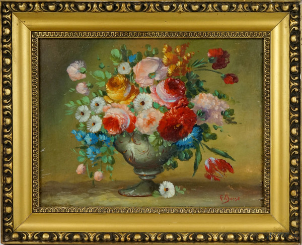 Vaso di fiori, olio su tavola, cm 23x30, firmato, entro cornice.