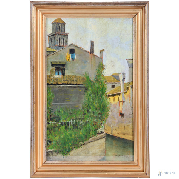 Scorcio di Verona, olio su compensato, cm 42x26, firmato in basso a destra, entro cornice, (fessurazioni del supporto)