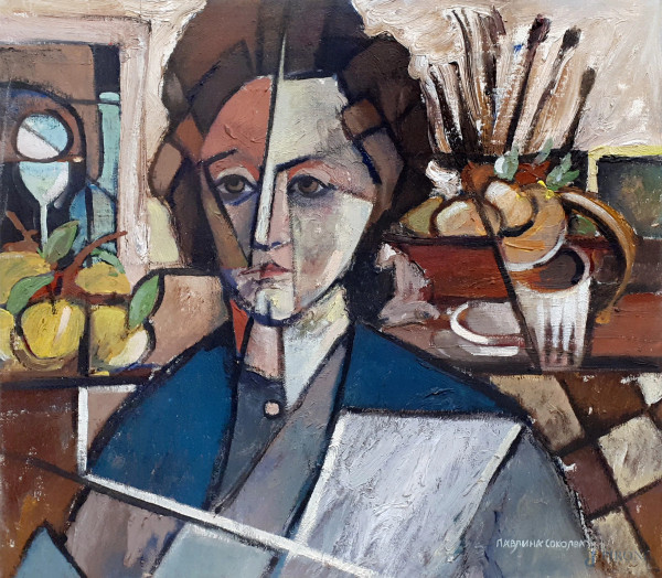 Composizione cubo-futurista, tecnica mista su tela applicata su tavola dell’artista Pavlina Sokolova (XX sec.), cm 35x39, firmato in caratteri cirillici in basso a destra, entro cornice