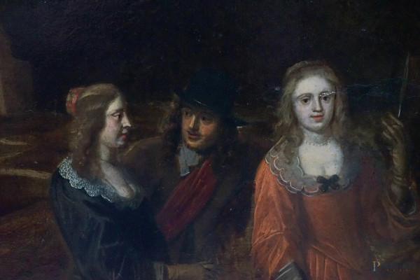 Pittore europeo del XVII secolo, Cueillette, olio su tavola, cm 73x104, entro cornice, (piccole c...