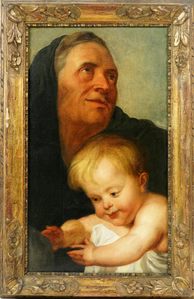 Da Antoon van Dyck (Anversa, 1599 – Londra, 1641), Sant'Anna con il Bambino, olio su tela, XIX secolo, cm 52x31, entro cornice