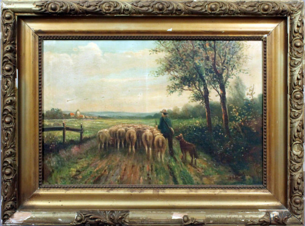 Paesaggio con pastore e gregge, olio su tela, cm. 50x80, firmato, entro cornice.