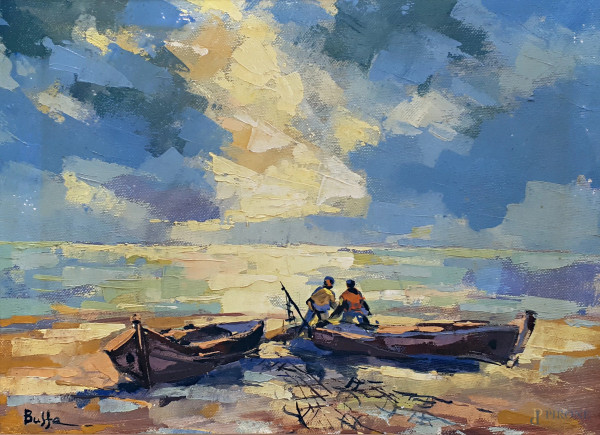 Buffa (XX sec.), Barche con pescatori, olio su tela, cm 30x41, firmato, entro cornice.