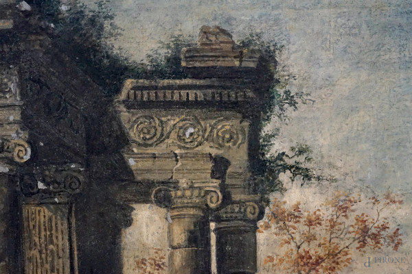 Pittore del XX secolo, Paesaggio fluviale con rovine, olio su tela, cm 52x76, entro cornice (cadu...