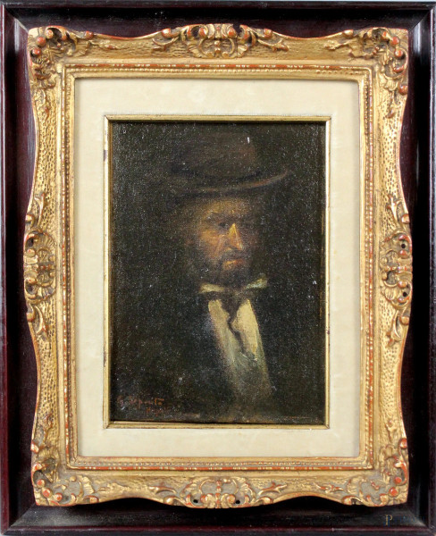 Ritratto d&#39;uomo con cappello, olio su tela, cm. 19x14, firmato G. Esposito, entro cornice.