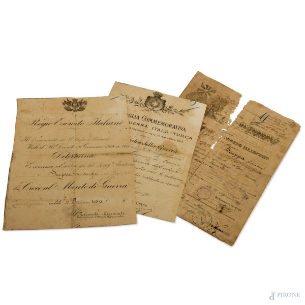 Lotto di 3 documenti militari datati "1912", "1918" e "1919", (difetti)