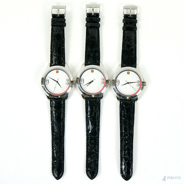 Genoa Cricket and Football Club, tre orologi da polso da uomo, cinturino nero in cuoio, lunghezza cm 24,5, (segni di utilizzo, meccanismo da revisionare).