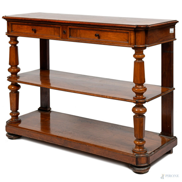 Consolle da muro con piano sagomato e due cassetti al fronte, sorretta da quattro sostegni torniti raccordati da due piani inferiori. Fine del XIX- inizi del XX secolo, cm 100x130x47,5 , (graffi, segni di usura, difetti)