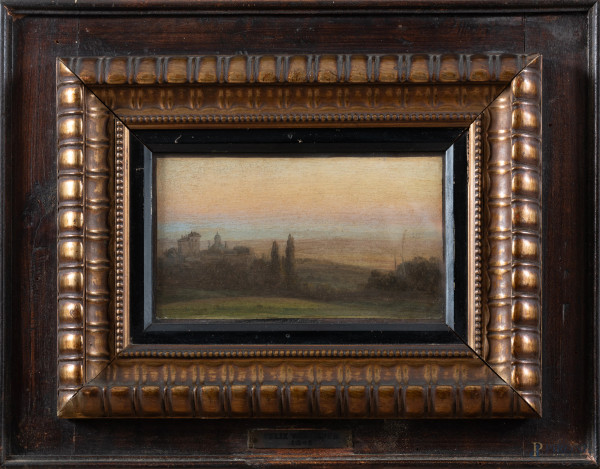 Verso il tramonto, XIX secolo, olio su carta applicata su tavola, cm 10x17, entro cornice, (lievi increspature e ondulazioni del supporto)