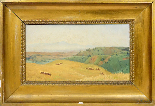 Giuseppe Malagodi - Colline, olio su tavola, cm 30x55, datato, entro cornice.