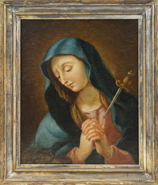 Pittore del XVIII secolo, Madonna addolorata, olio su tela, cm 43x34,5, entro  cornice.