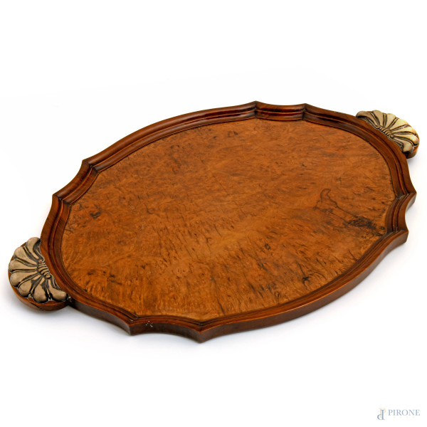 Vassoio in radica e legno con prese in lamina d'argento, cm 54x39, (difetti)