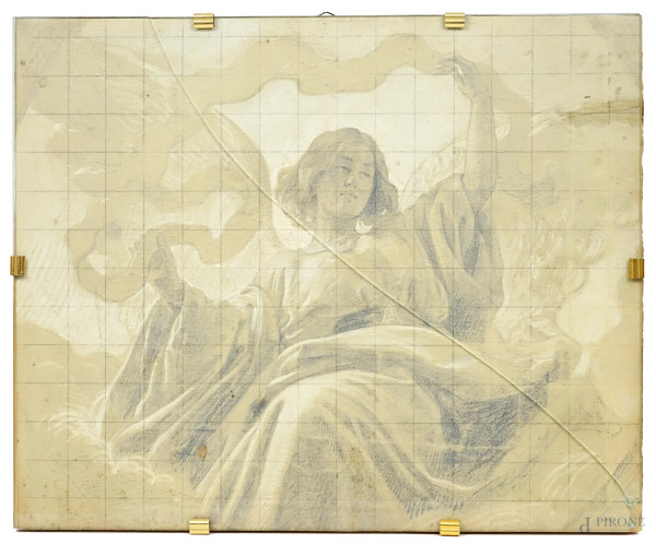 Eugenio Cisterna (1862-1933) attr.a, Studio per angelo con cartiglio, disegno a matita e biacca su carta applicata su tavola, cm 40x48, (piccole macchie).