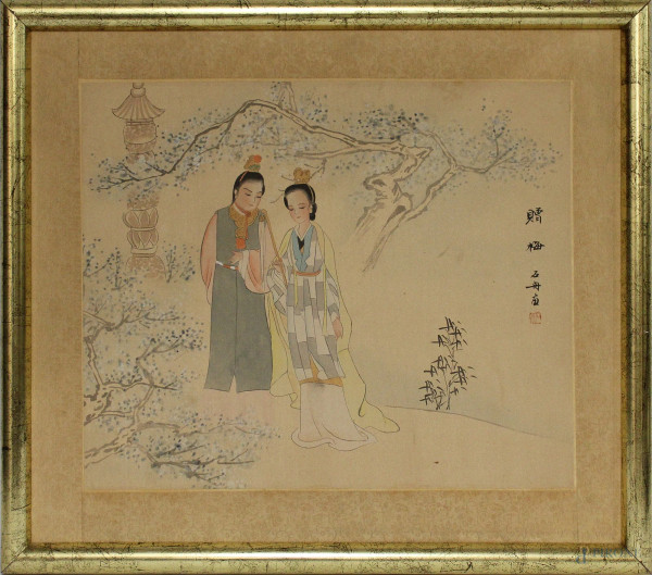 Scena galante, acquarello su seta, Cina, primi Novecento, cm 39 x 44, entro cornice.