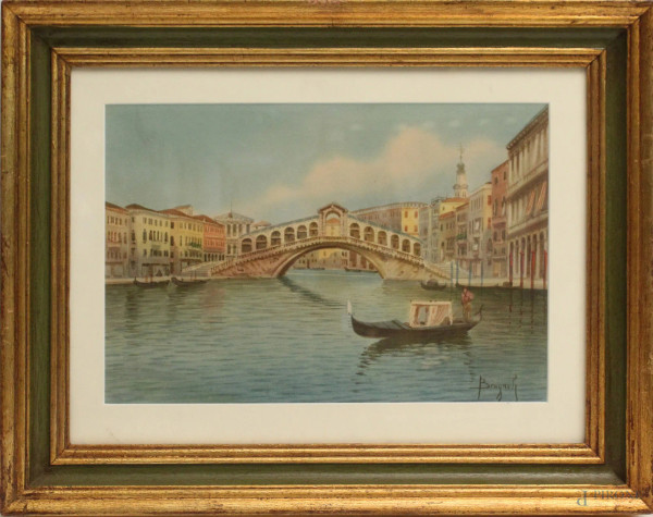 Coppia dipinti raffiguranti scorci di Venezia, acquarelli su carta, cm 23X33 firmati Brugnoli, entro cornice