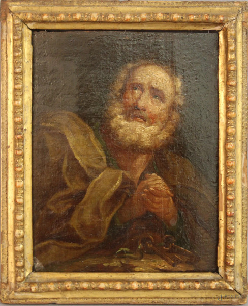 Pittore del XVIII sec, San Pietro, olio su tavola, cm. 23x18, entro cornice.