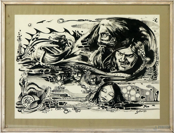Artista surrealista del XX secolo, Senza titolo, tecnica mista su carta, cm 50x70 circa, firmato, entro cornice.