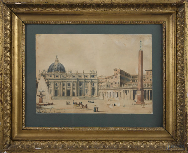 Piazza San Pietro, XIX secolo, tecnica mista su carta, cm 30x40 compreso passepartout, monogrammato in basso a destra "G.B.", entro cornice, (segni di usura, brunitura della carta, tracce di umidità, foxing)