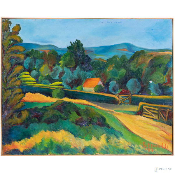 Paesaggio con case, olio su tela, cm 60x75, firmato e datato "77" in basso a destra, entro cornice, (cadute di colore, segni di usura, mancanza di tensione alla tela)