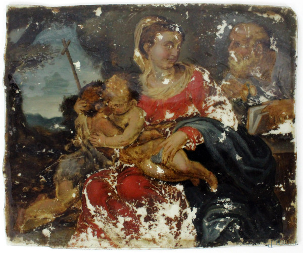 Pittore emiliano del XVII secolo, Sacra famiglia con San Giovannino, olio su vetro, cm. 21,5x27 circa.