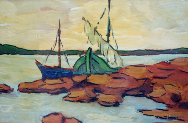 Carlo Antoci (XX secolo), Costa con imbarcazioni, olio su compensato, cm 18,5x13, entro cornice