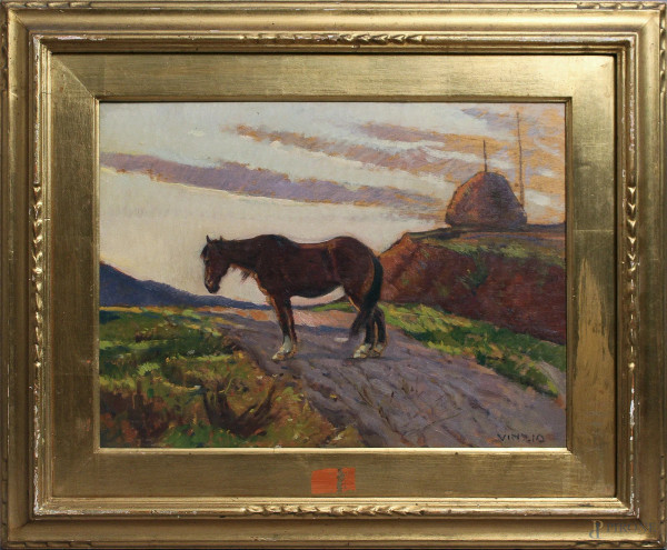 Giulio Cesare Vinzio - Giulio Cesare Vinzio,Strada con cavallo, dipinto ad olio su tavola, cm 31 x 42, entro cornice.