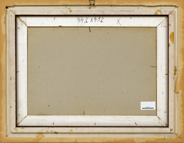 Ezelino Briante (1901-1971), Scorcio con imbarcazioni e figure, olio su cartone, cm 34,5x49,5, fi...