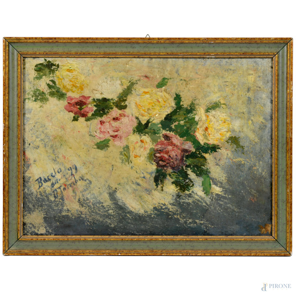 Fiori, XX secolo, tecnica mista su cartone, 32x44,5, firmato e datato in basso a sinistra, entro cornice (piccole abrasioni e cadute di colore)