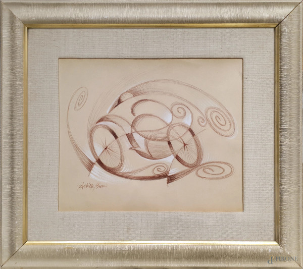 Achille Boni (XX sec.) Velociclo, tecnica mista su carta, cm 24x29, firmato