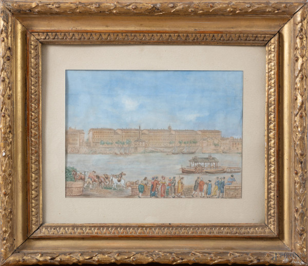 Tamigi, XIX-XX secolo, tecnica mista su carta, cm 24,5x30 compreso passepartout, entro cornice, (segni di usura, ondulazioni, tracce di umidità, increspature, difetti)