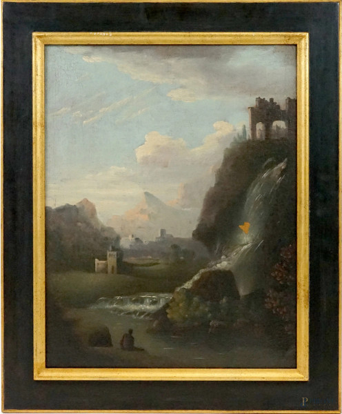 Pittore del XVIII secolo, Paesaggio laziale con cascata e figure, olio su tela, cm 62x48,5, entro cornice, (cadute di colore).