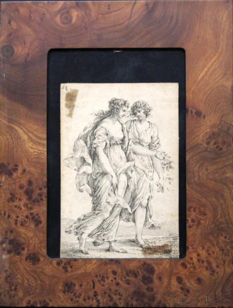 Fanciulle, incisione su carta 12x8 cm, entro cornice, inizi XVII sec.