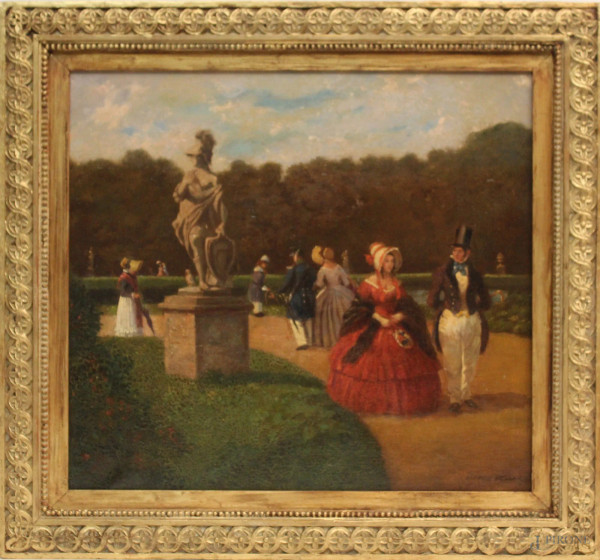 Parco con figure, olio su tela, cm. 53x47, recante firma Hanns Pellar, entro cornice.