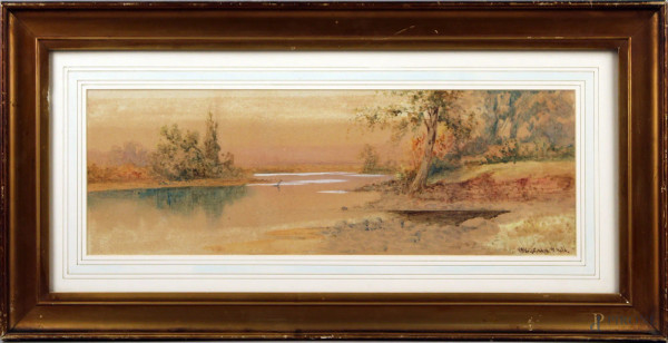 Paesaggio fluviale, acquarello su carta, 18,5x54 cm, firmato, entro cornice.
