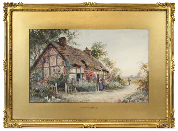 Hughes Joseph Clayton - Cottage con tetto in paglia, acquarello su carta, cm 27,5x45,5, entro cornice.