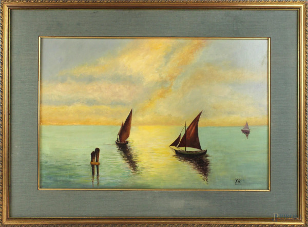 Marina con imbarcazioni, olio su tavola, cm. 39x59, siglato, entro cornice.
