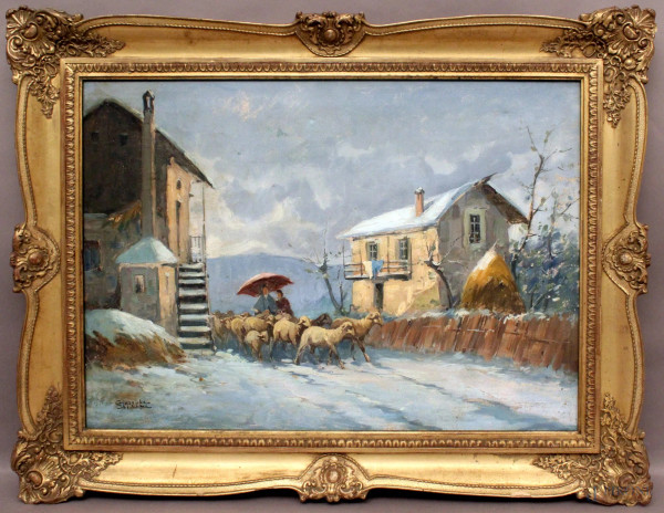 Paesaggio invernale con pastorelle e gregge, olio su tela, cm 50x70, firmato, entro cornice.