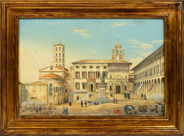 Pittore del XIX secolo, Piazza Grande - Arezzo, gouache su carta, cm 42x29, entro cornice, (lievi difetti)