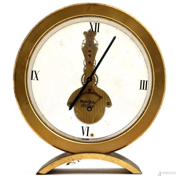 Orologio Swiza Athena in ottone con quadrante trasparente a numeri arabi, cm 12,5x11,5, (da revisionare, segni di usura)