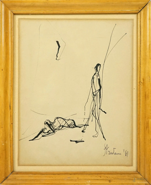 Giovanni Stradone (1911-1981), Lo straccivendolo, matita e penna su carta, cm 31,5x23,1, entro cornice