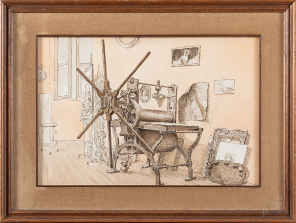 Interno di stamperia, XX secolo, tecnica mista su carta, cm 38x55, entro cornice, (lievi tracce di umidità, ondulazioni della carta)