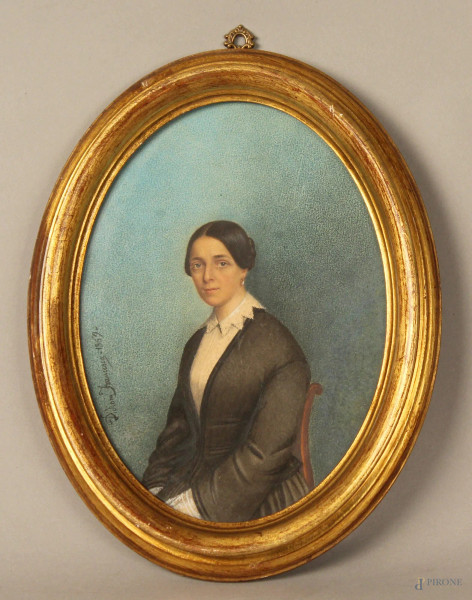 Ritratto di donna, olio su cartoncino ad assetto ovale, cm 22x16, firmato e datato, entro cornice.