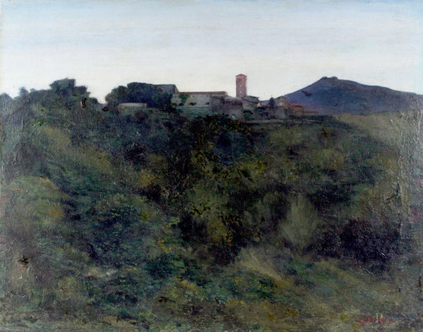 Paesaggio collinare con paese e torre campanaria, olio su tela, cm 59,5x75, recante firma G. Costa