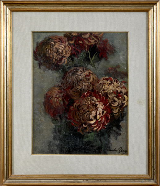 Dante Ricci - Crisantemi, olio su compensato, cm 50x40, firmato in basso a destra, entro cornice. 