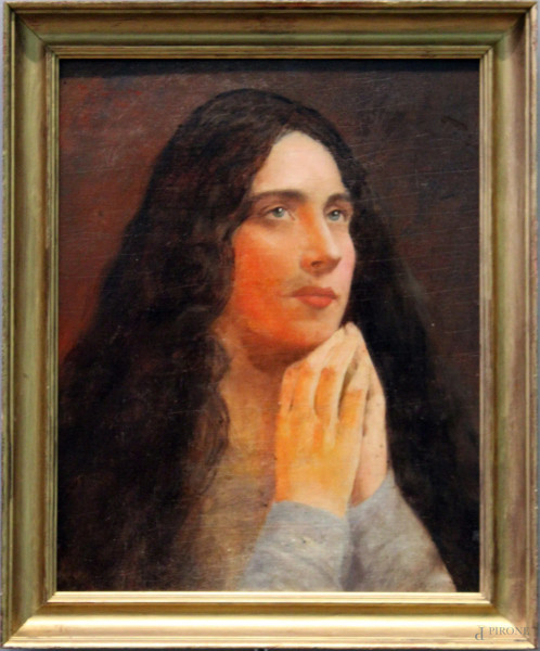 Ritratto di ragazza in preghiera, olio tavola, 43x34 cm, entro cornice