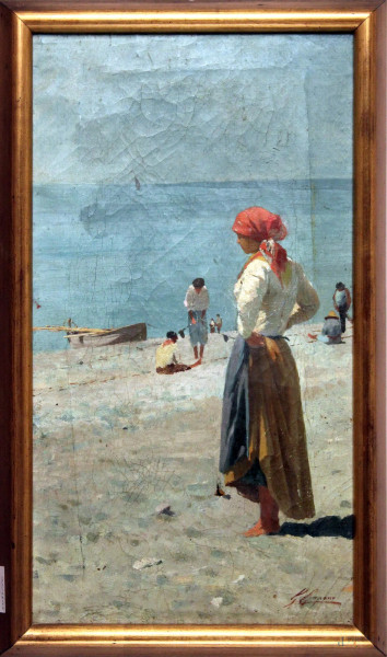 Gaetano Capone - Spiaggia con figure, olio su tela, cm. 48x27, entro cornice.